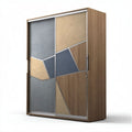 Wooden sliding door wardrobe with geometric fabric panels 180 x 120 x 50cm