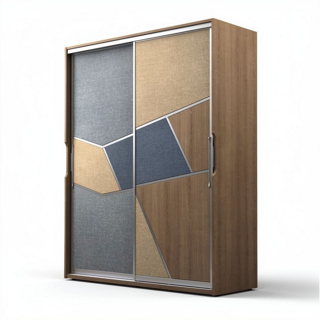 Wooden sliding door wardrobe with geometric fabric panels 180 x 120 x 50cm