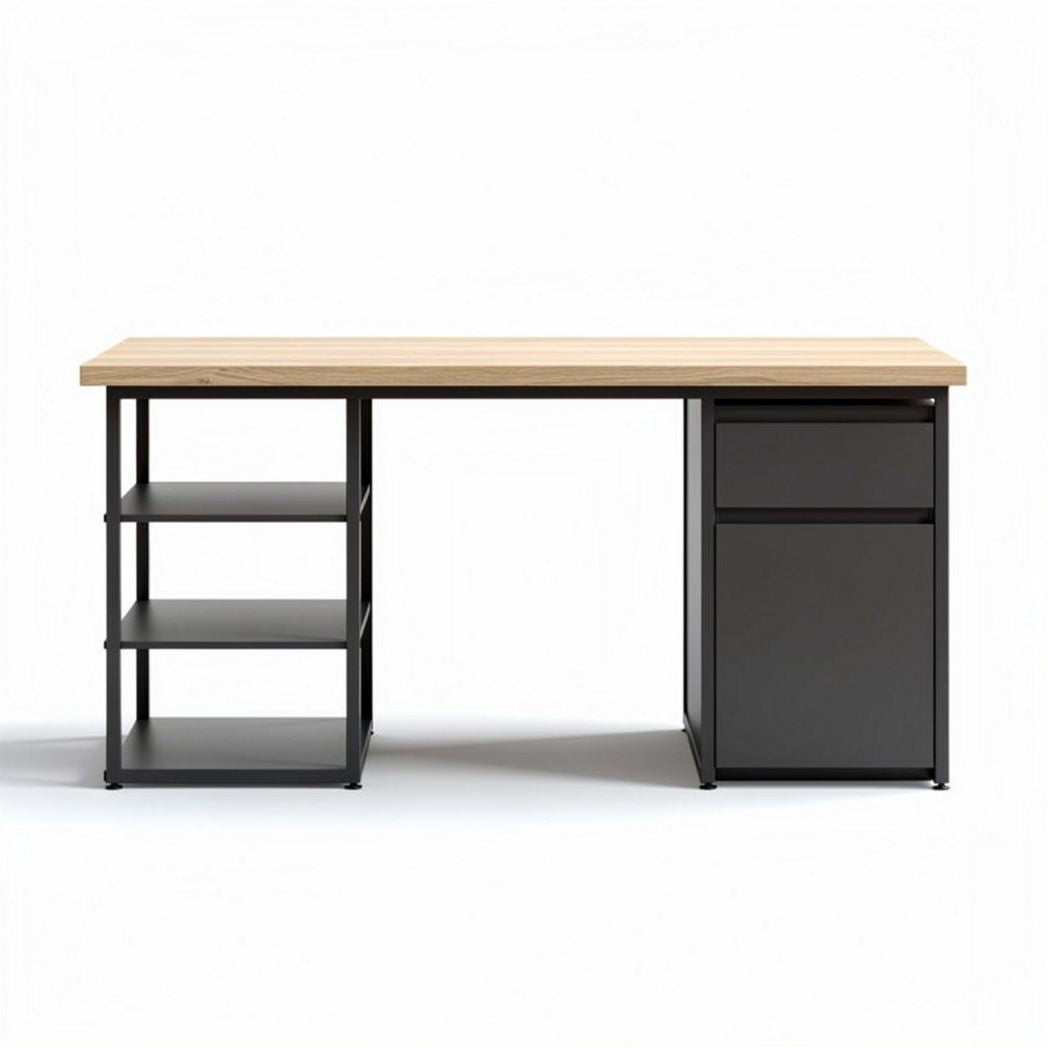 Wood top desk with metal frame and storage drawers 140 x 70 x 75cm