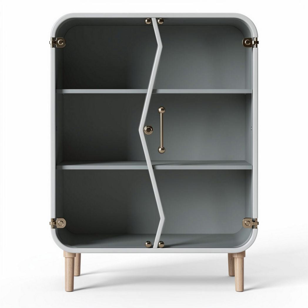 Modern gray wood cabinet with open shelves and brass handles 60 x 40 x 80cm
