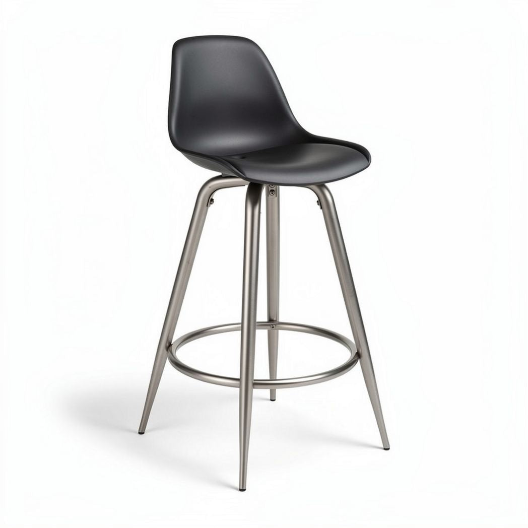 Black plastic bar stool with metal frame for modern kitchen decor