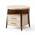 Round wood side table with storage drawers and metal legs 50 x 50 x 60cm