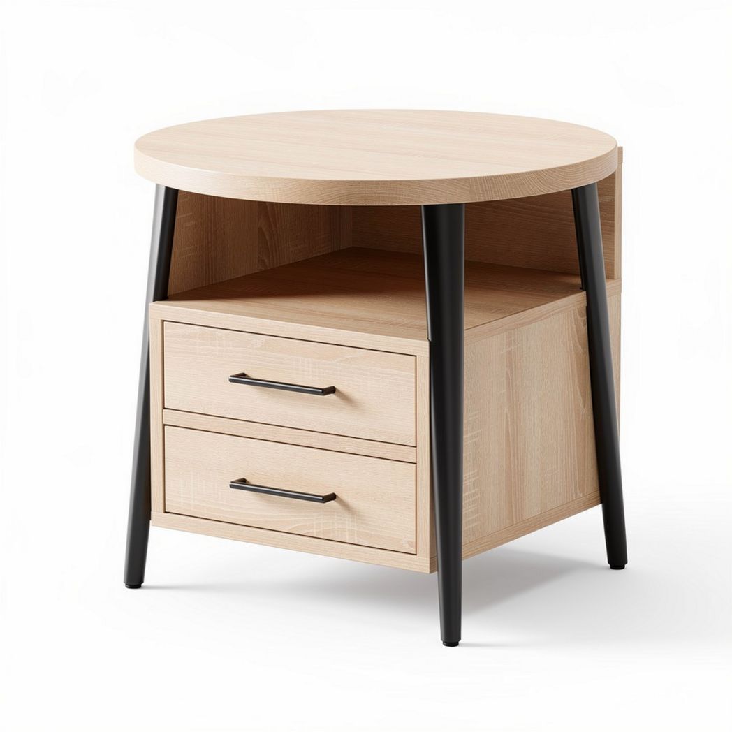 Round wood side table with storage drawers and metal legs 50 x 50 x 60cm