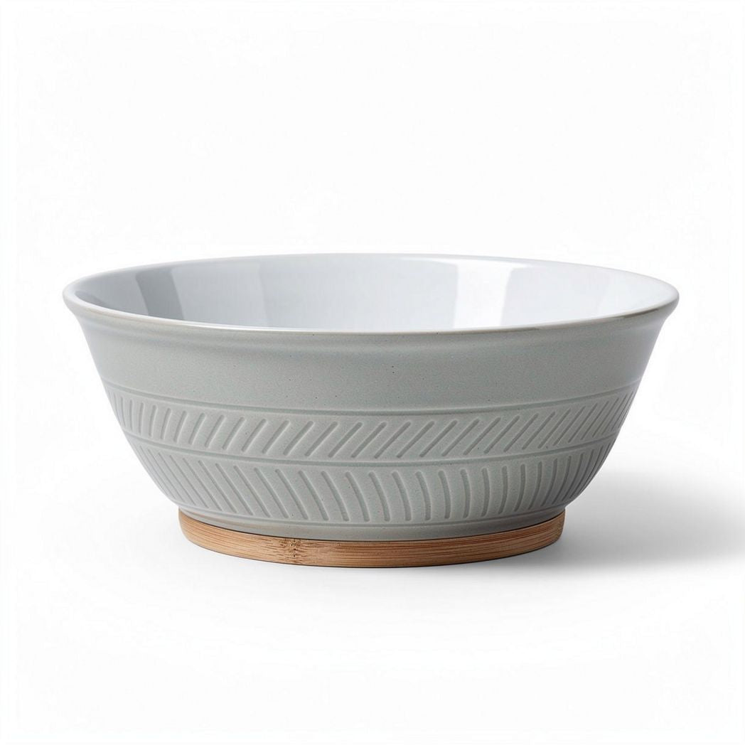 Ceramic serving bowl with bamboo base 20 x 20 x 10cm gray color