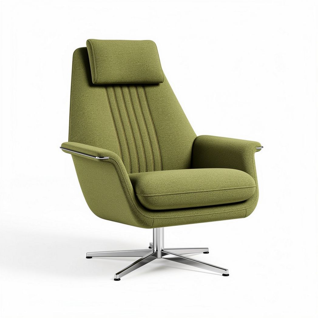 Modern swivel lounge chair with green fabric upholstery and metal base