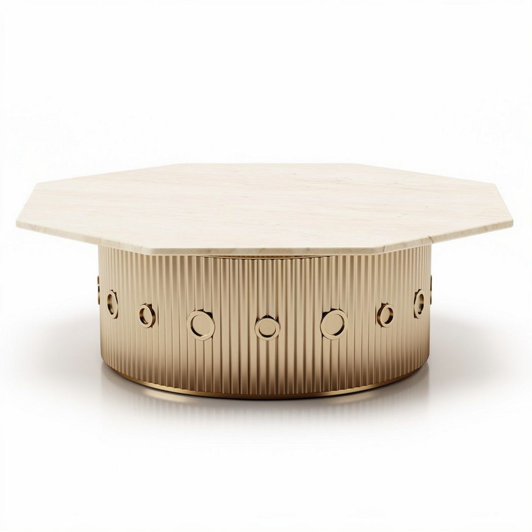 Octagonal coffee table with textured gold base and wood top 80 x 80 x 30cm