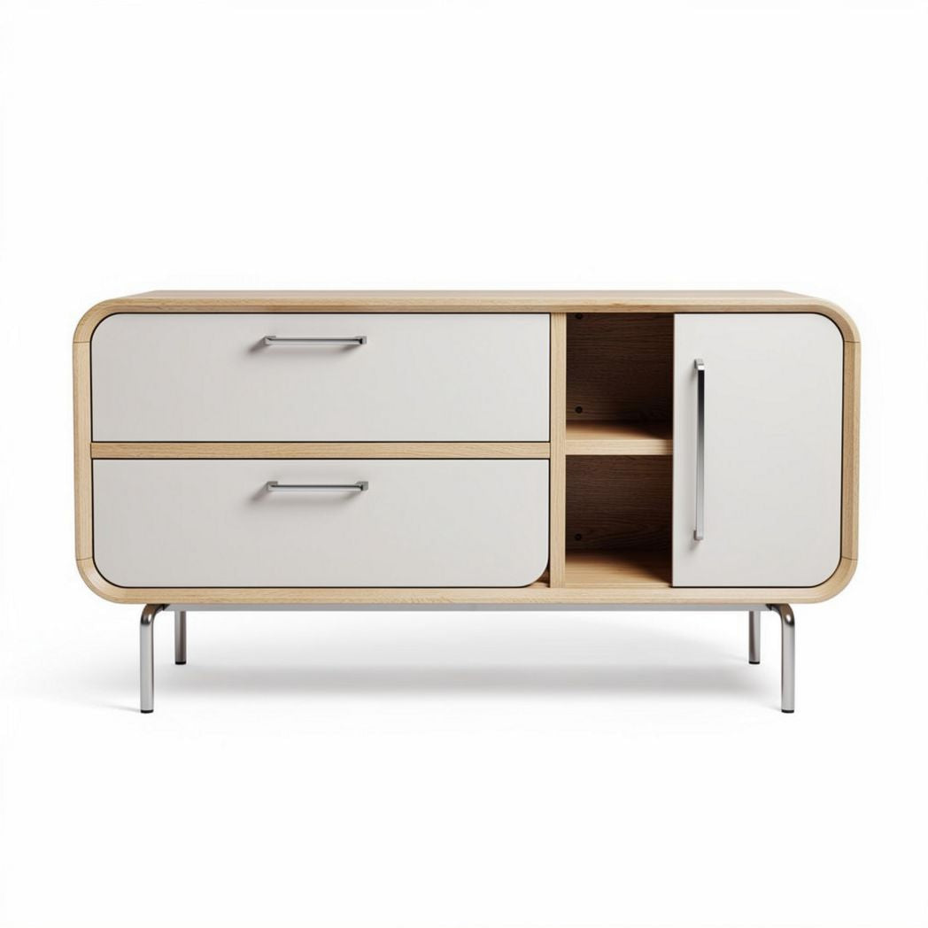 Modern wooden console table with two drawers and open shelving 120 x 40 x 60cm